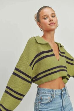Buttermelon Y2K Green Fuzzy Stripe Cropped Sweater Large Indie Grunge Soft Girl